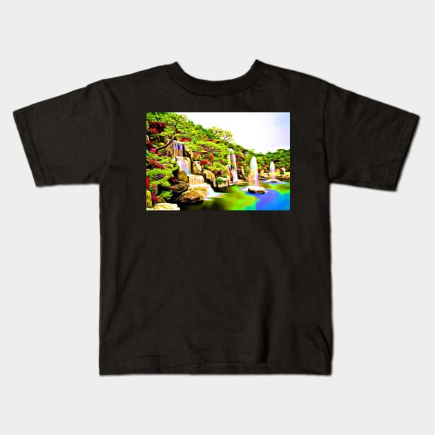 Azalea Waterfall Garden Green Aesthetic Retro Landscape Kids T-Shirt by BubbleMench